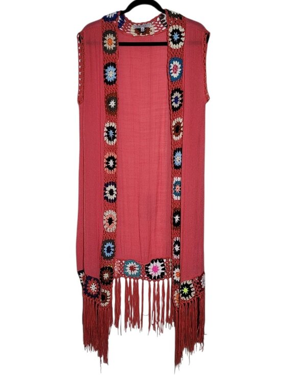 FAVLUX Sweaters - Favlux Crochet Trim Sleeveless Long Cardigan Fringe Vest Coral Festival Boho
